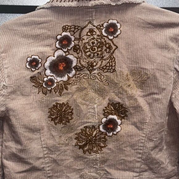 Y2K AZIZ Brown Tan Embroidered Corduroy Crop Jacket Coat women's size Medium - Picture 5 of 9